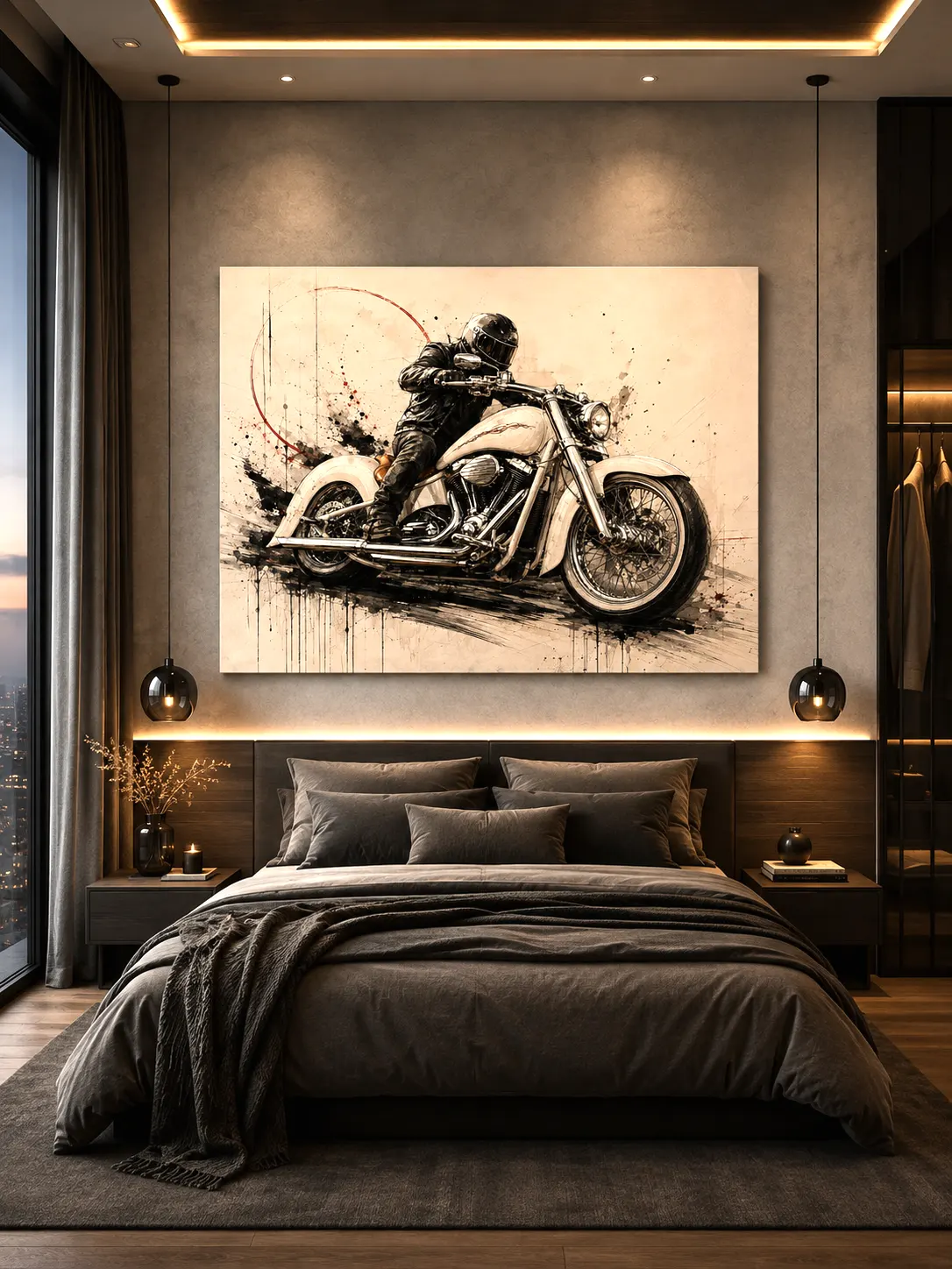 Tableau Chrome Rider moto custom dans une chambre moderne