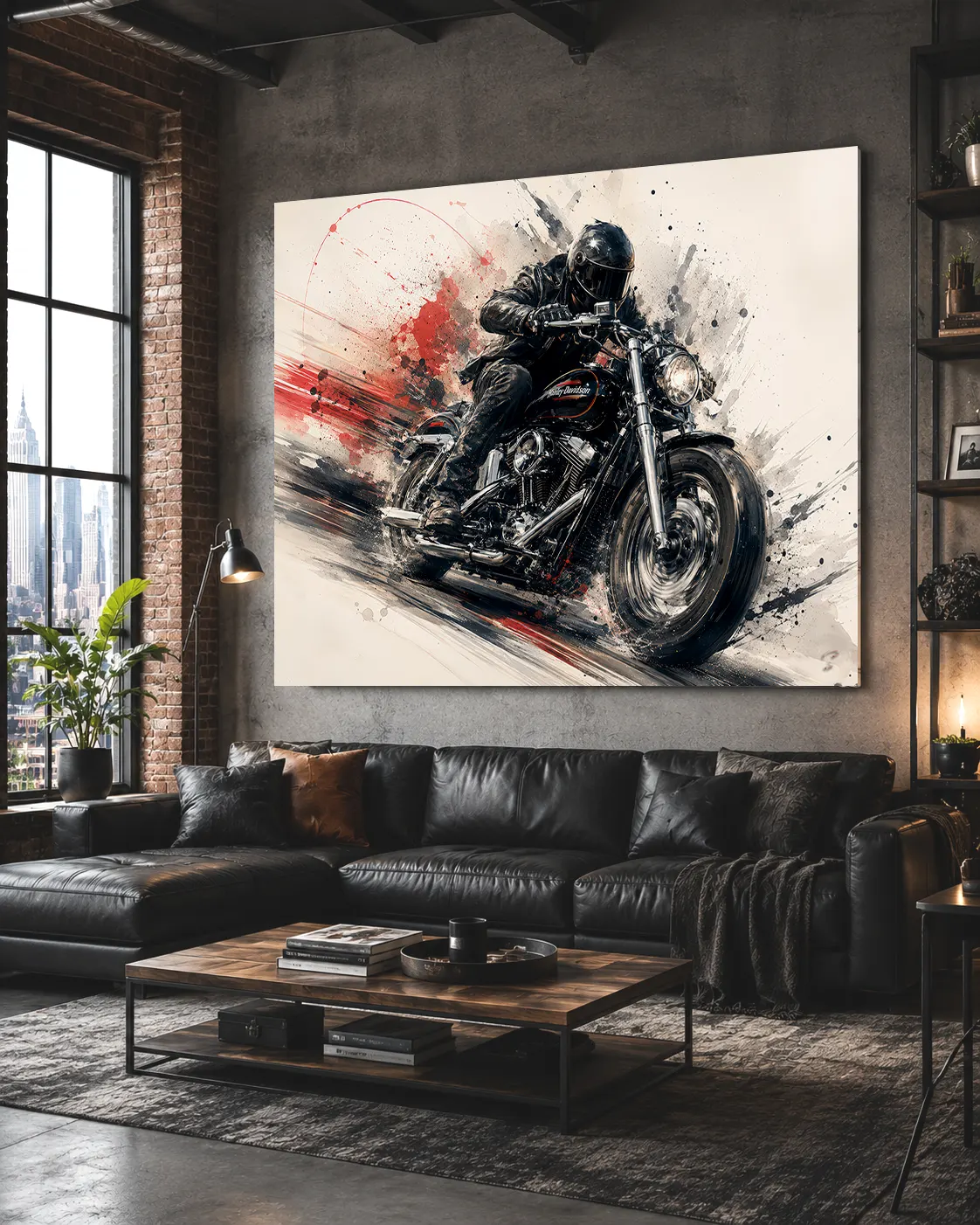 Tableau moto Black Rush dans un salon contemporain – décoration murale moto LVIP