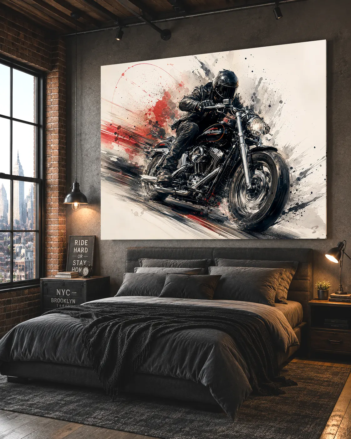 Tableau moto Black Rush dans une chambre moderne – art mécanique contemporain