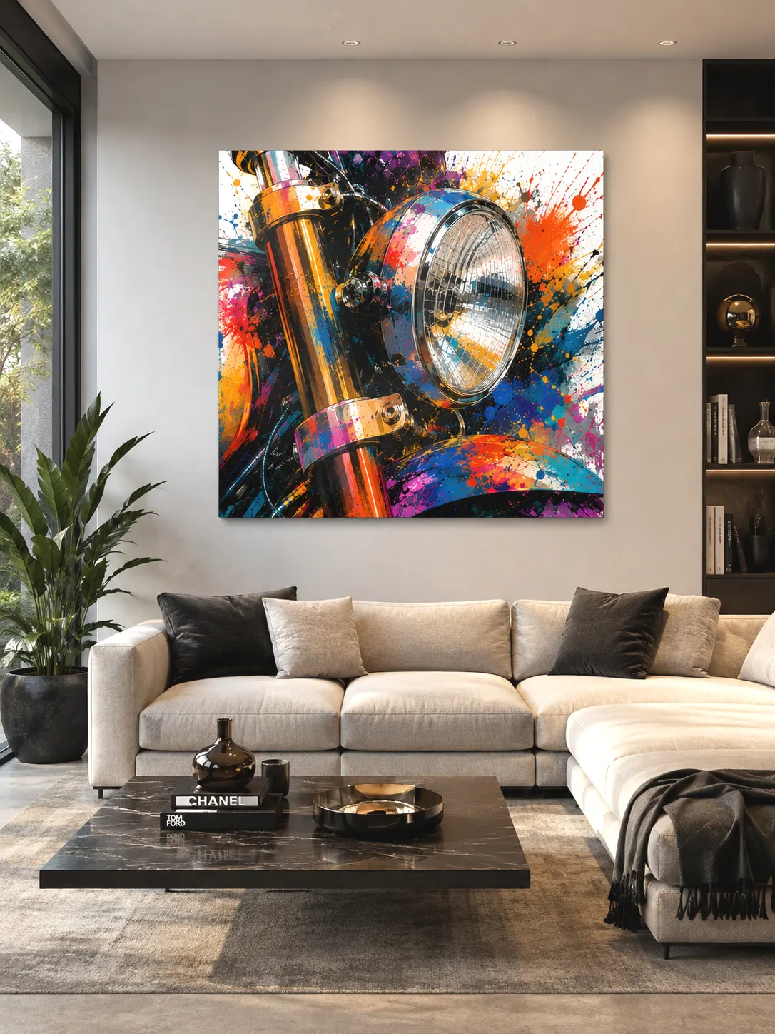 Tableau moto Chromatic Eye dans un salon contemporain – décoration Pop Art LVIP