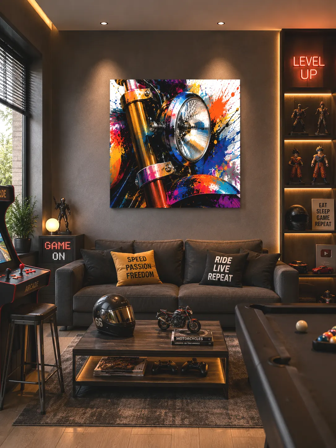 Tableau moto Chromatic Eye dans une salle de jeu – décoration moto Pop Art contemporaine