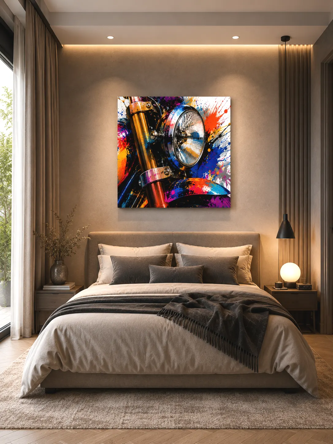 Tableau moto Chromatic Eye dans une chambre moderne – décoration murale contemporaine
