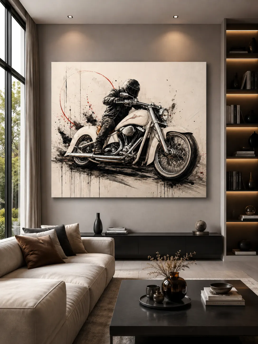 Tableau moto Chrome Rider dans un salon contemporain haut de gamme
