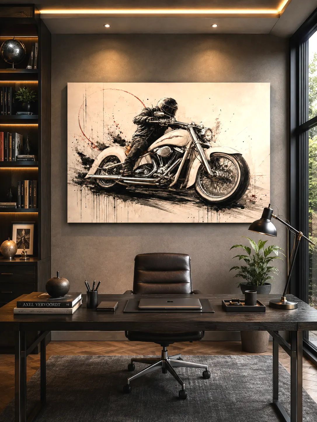 Tableau moto Chrome Rider exposé dans un espace contemporain