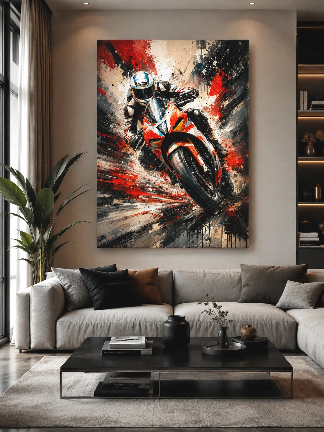 Tableau moto Racing Pulse dans un salon contemporain