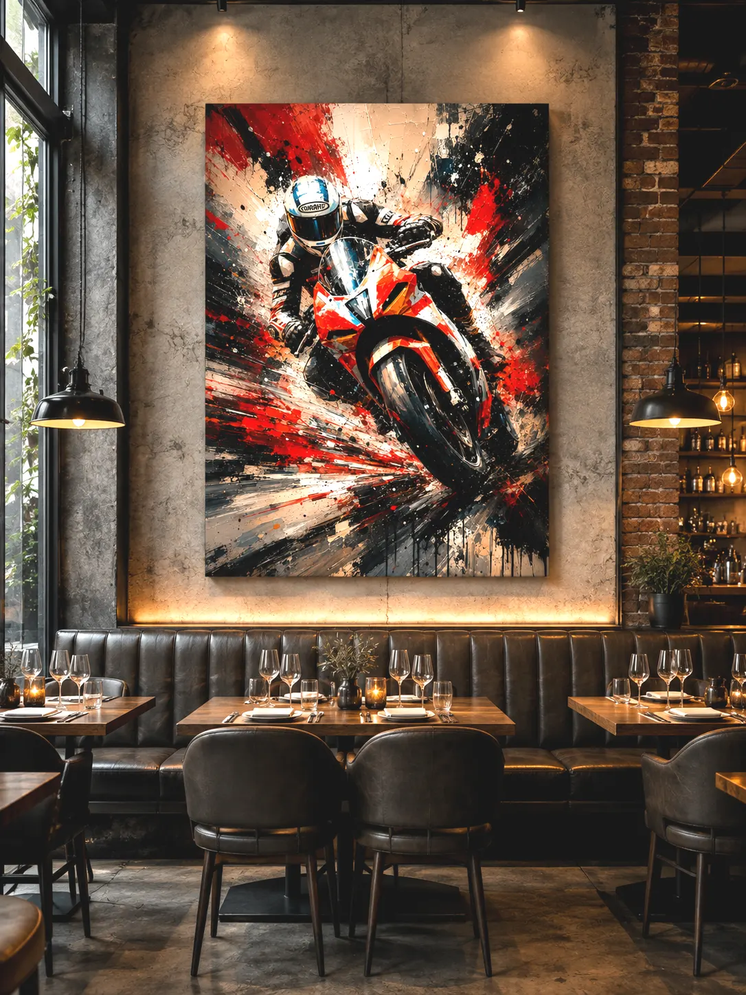Tableau moto Racing Pulse exposé dans un restaurant contemporain