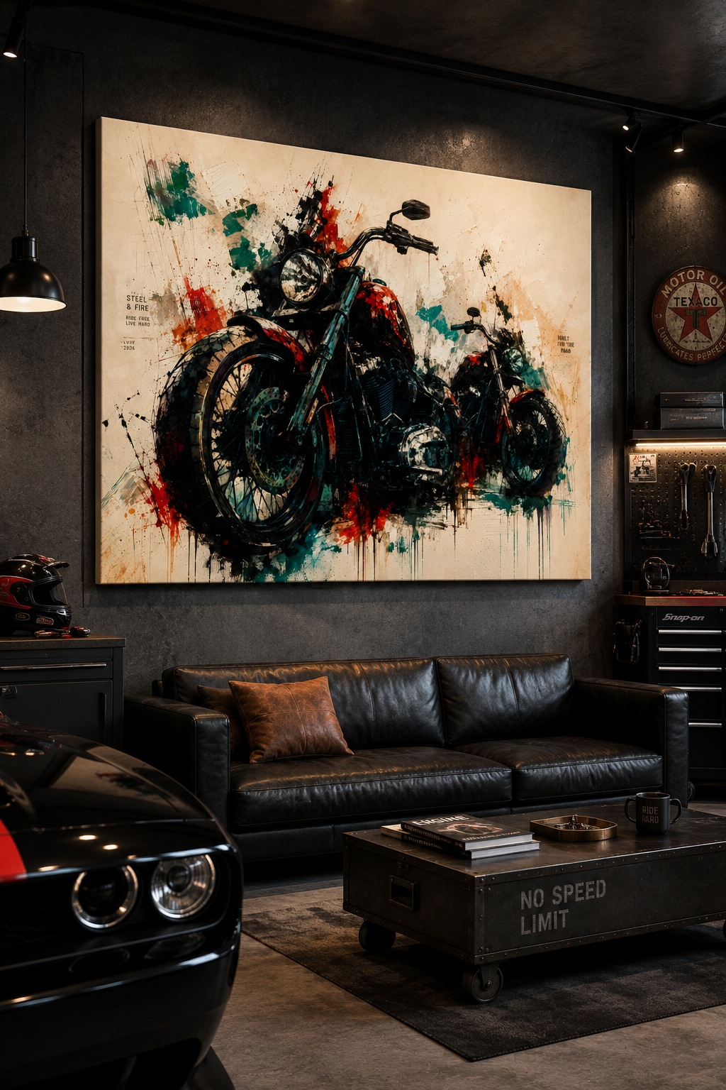 Tableau moto Steel Rebels dans un garage automobile contemporain de
