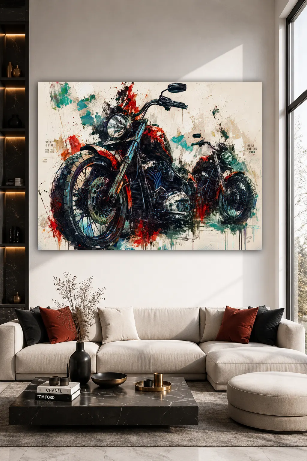 Tableau moto Steel Rebels dans un salon contemporain haut de gamme