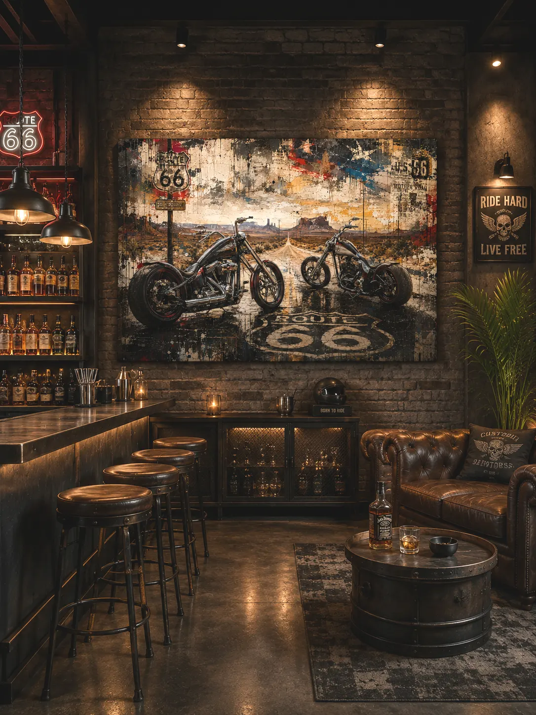 Tableau moto Twin Roads 66 exposé dans un bar lounge contemporain