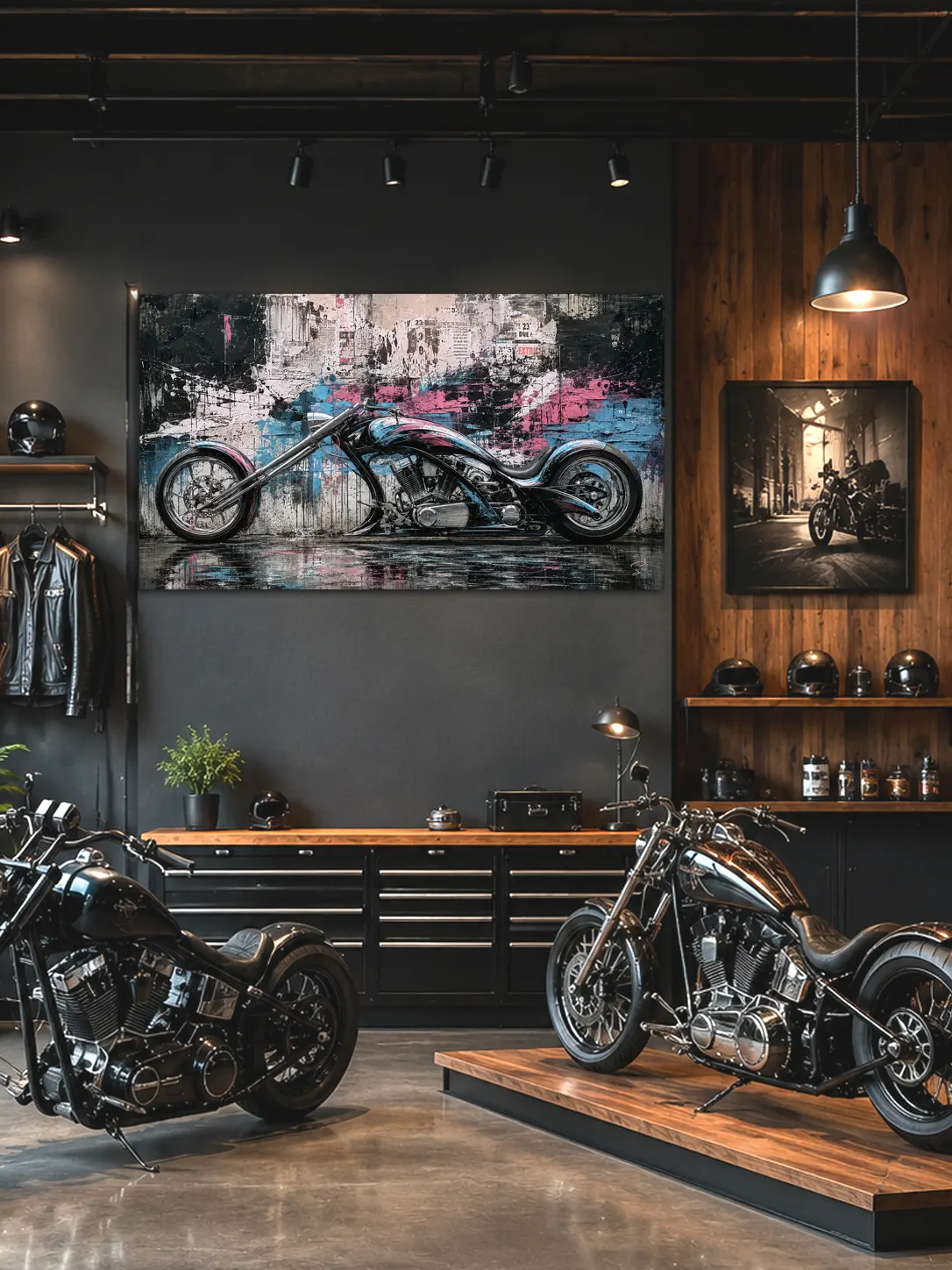 Tableau moto Urban Chrome dans un garage moto de luxe contemporain