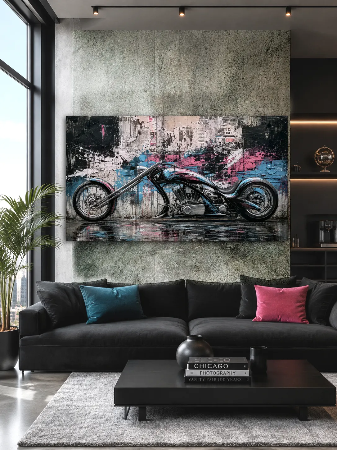 Tableau moto Urban Chrome dans un salon contemporain industriel