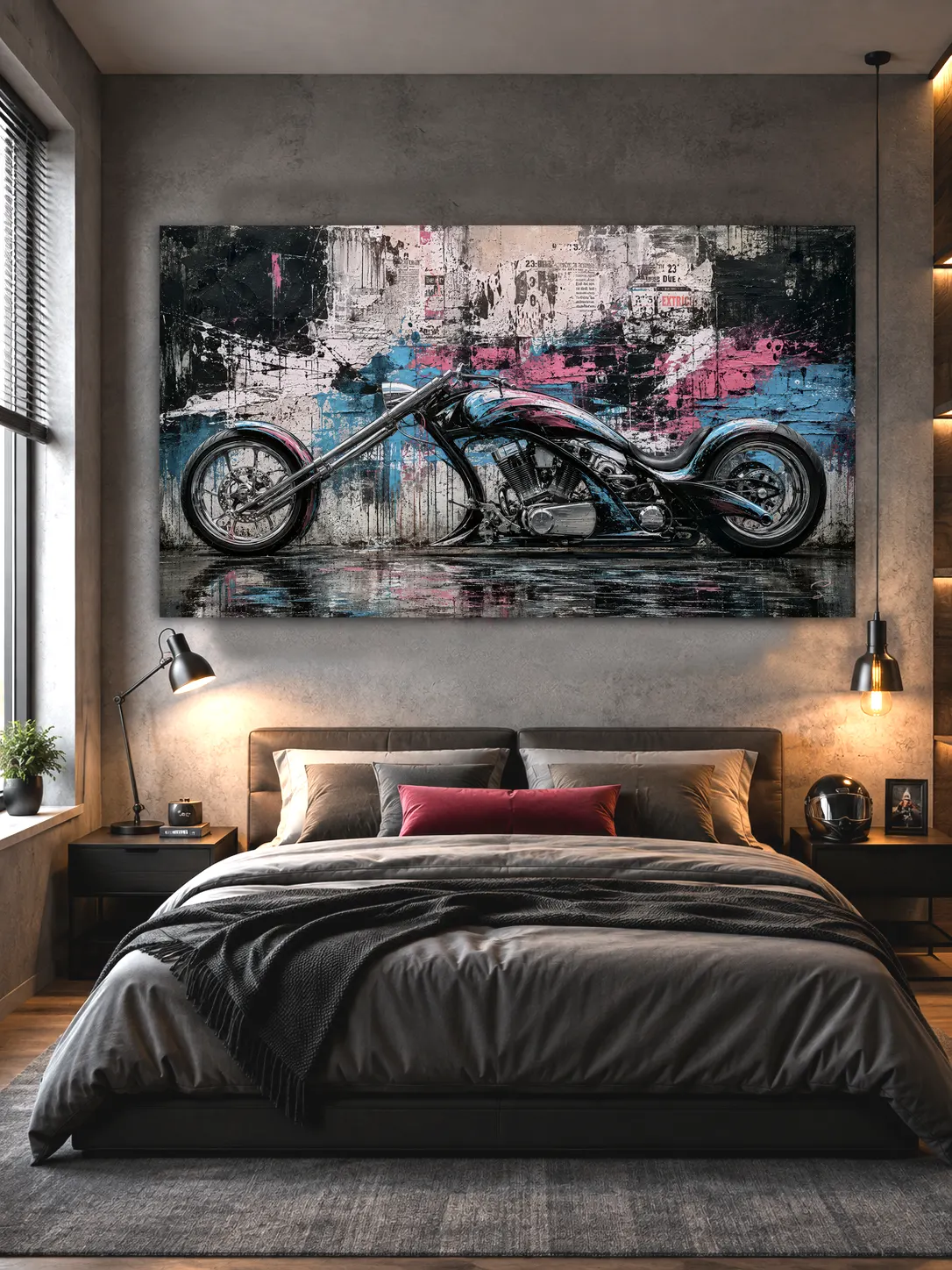 Tableau moto Urban Chrome dans une chambre moderne style industriel