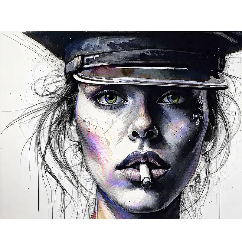Tableau Portrait Pop Minimaliste Femme Policière qui Fume