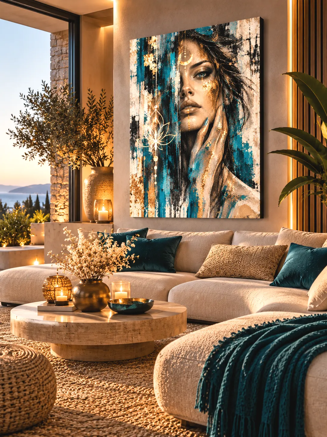 un salon zen contemporain lunaria-tableau-femme-turquoise-or-salon-zen