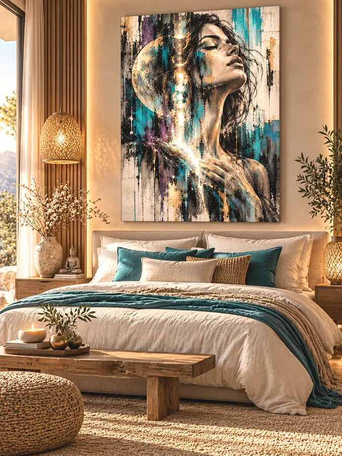 Tableau Inner Light dans une chambre zen aux tons beige et turquoise