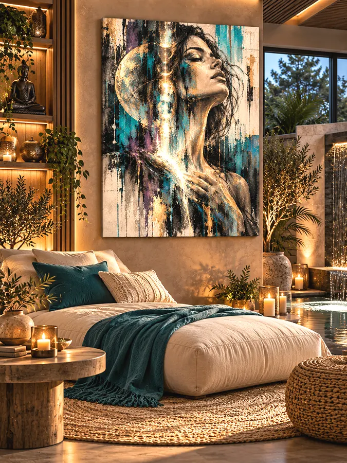 Tableau femme zen Inner Light dans une salle de détente contemporaine