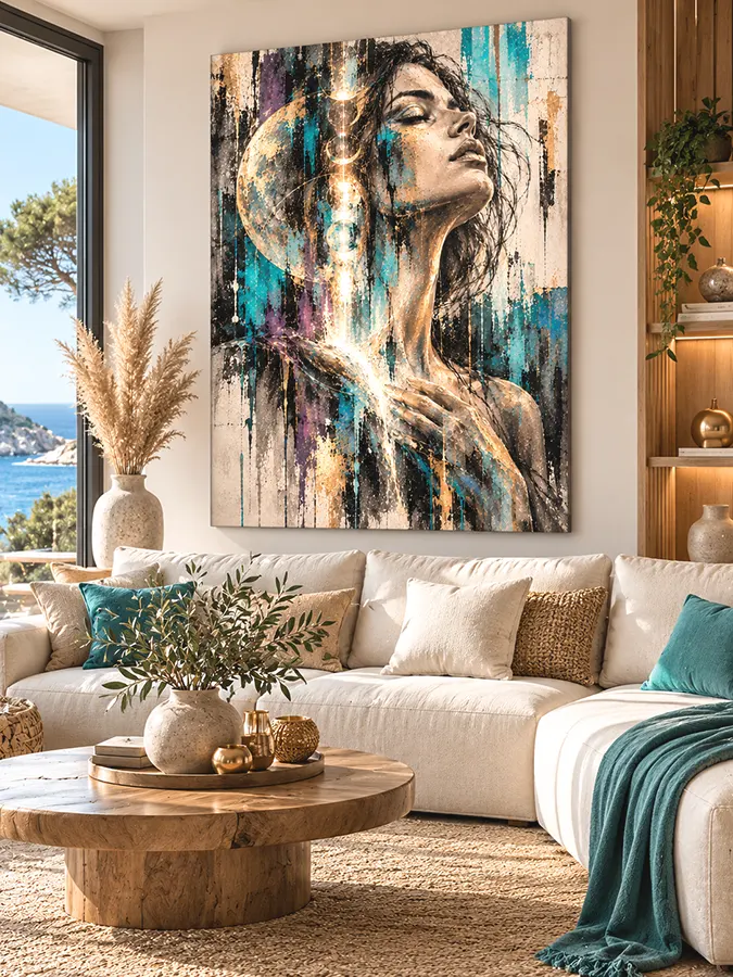 Tableau femme zen Inner Light dans un salon nordique lumineux