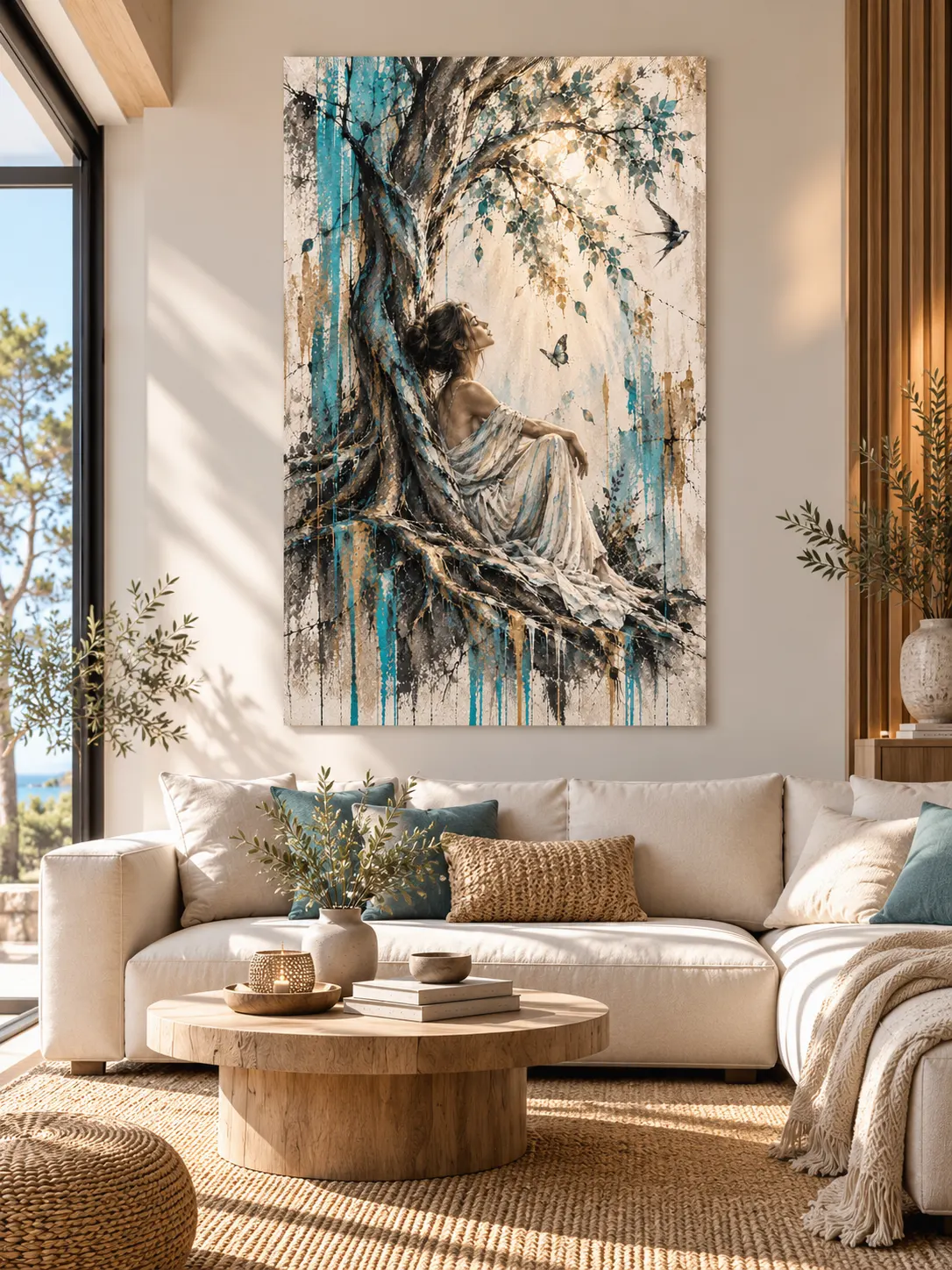 Tableau L’Envol femme sous un arbre dans un salon scandinave