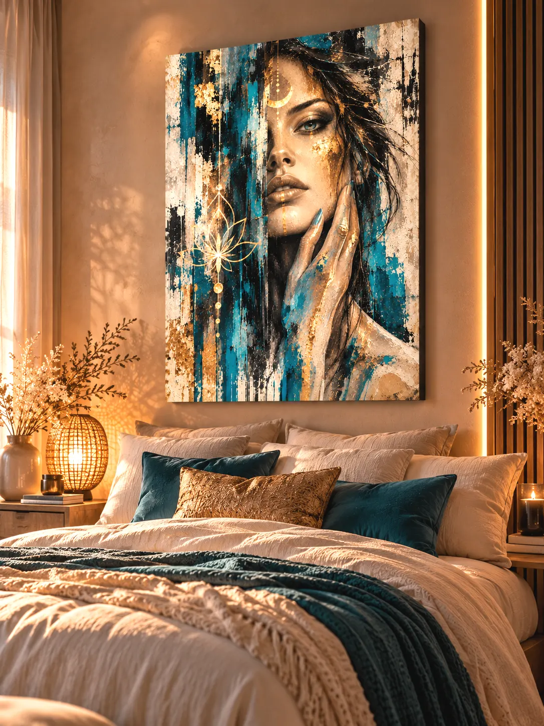Portrait féminin Lunaria dans une chambre cocooning turquoise et or
