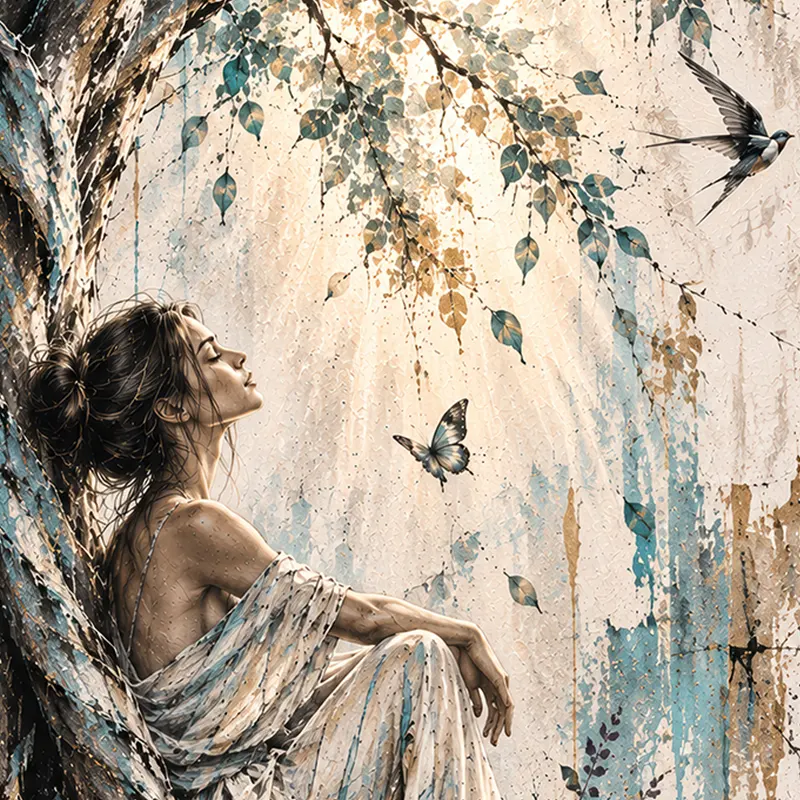 Tableau femme sous un arbre turquoise et or gros plan