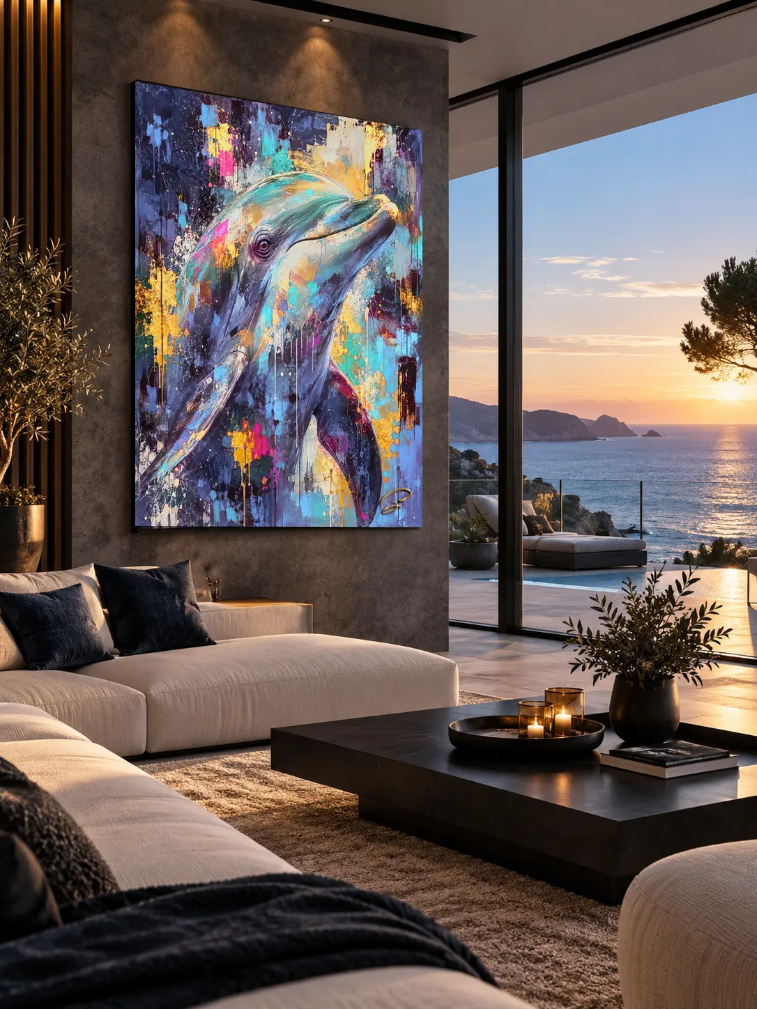 Tableau dauphin Pop Art dans salon contemporain – Abyssal Pulse