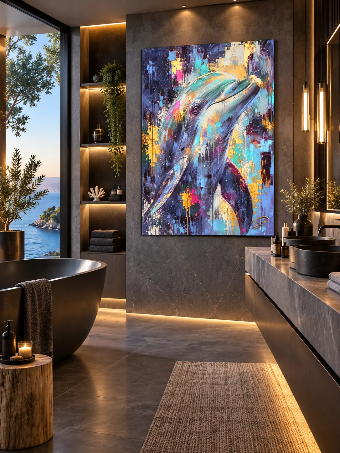 Décoration murale dauphin colorée dans intérieur moderne salle de bain