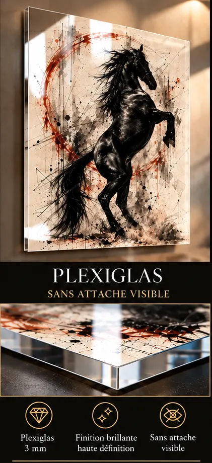 Black Storm – cheval noir contemporain sur Plexiglas 3 mm brillant