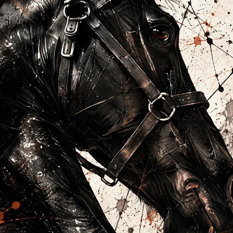 Gros plan Black Storm – cheval noir contemporain et détails de matière