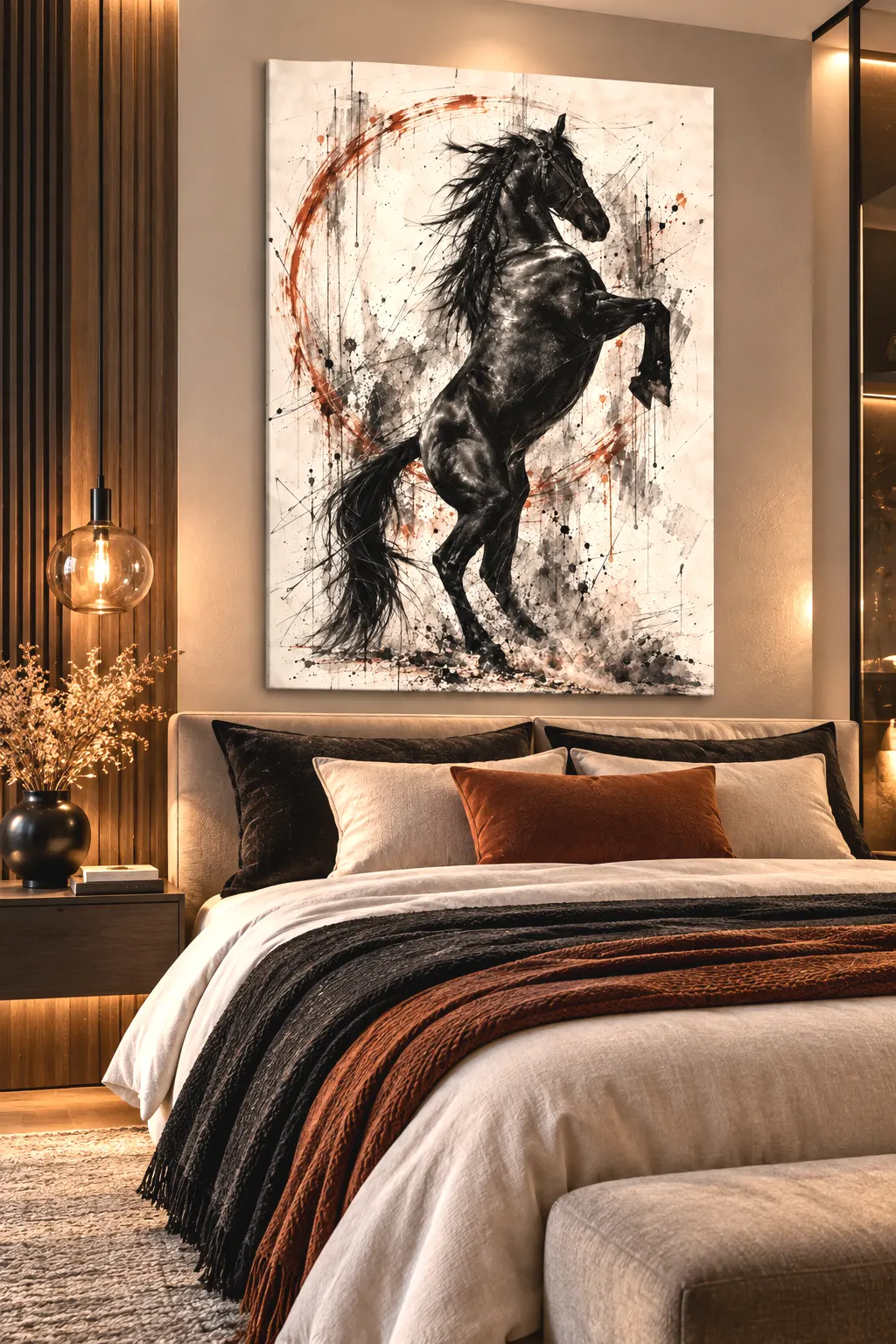Tableau cheval cabré Black Storm dans une chambre design