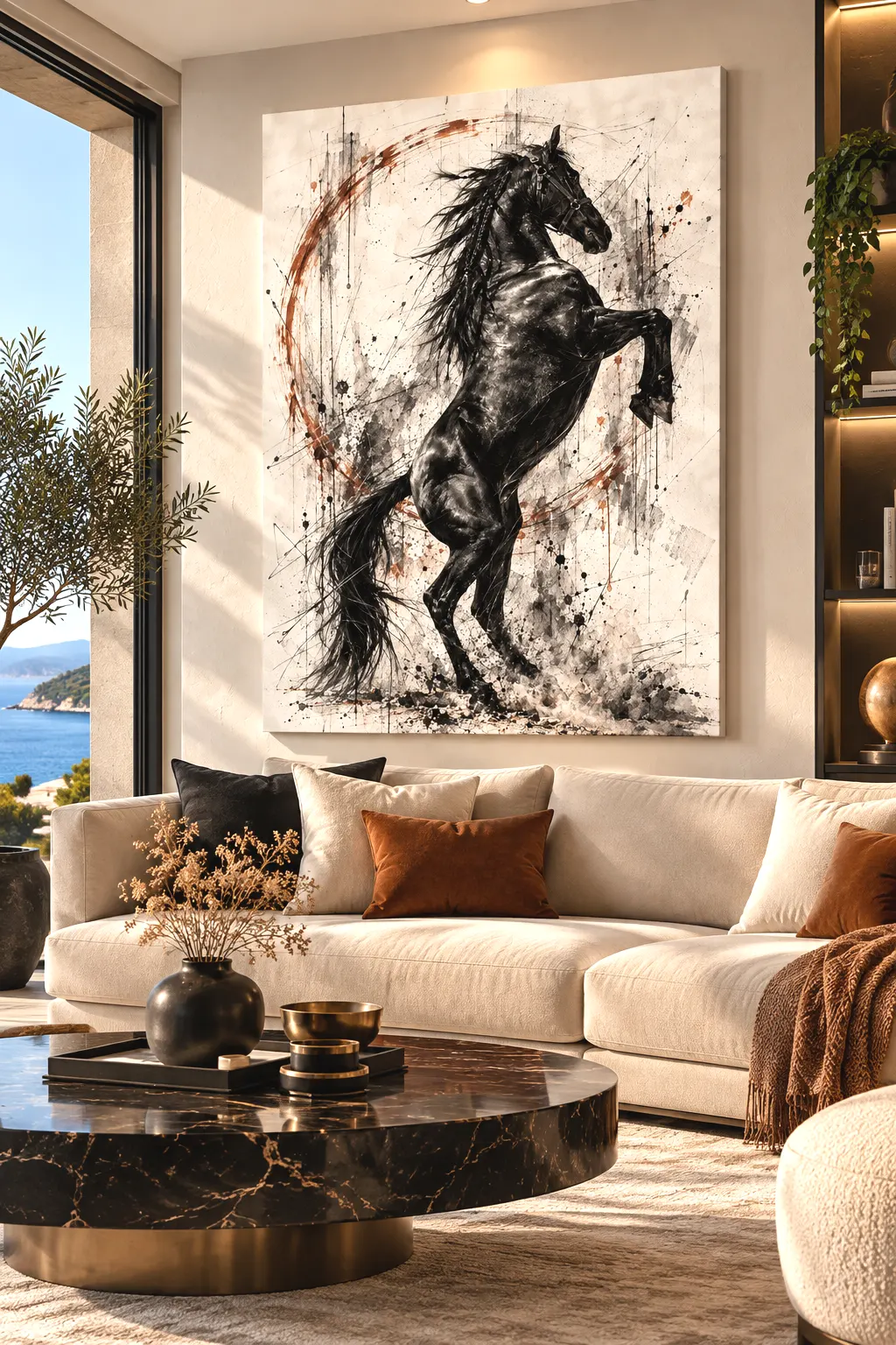 Tableau cheval noir Black Storm dans un salon contemporain