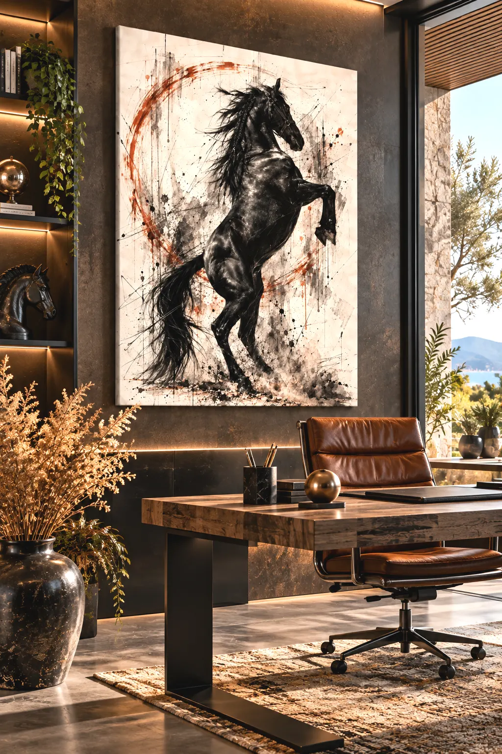 Tableau équestre Black Storm dans un bureau contemporain