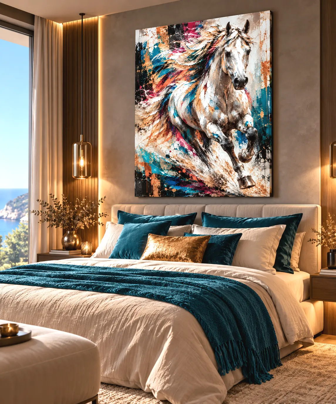 Tableau cheval blanc contemporain Wild Velocity dans une chambre élégante