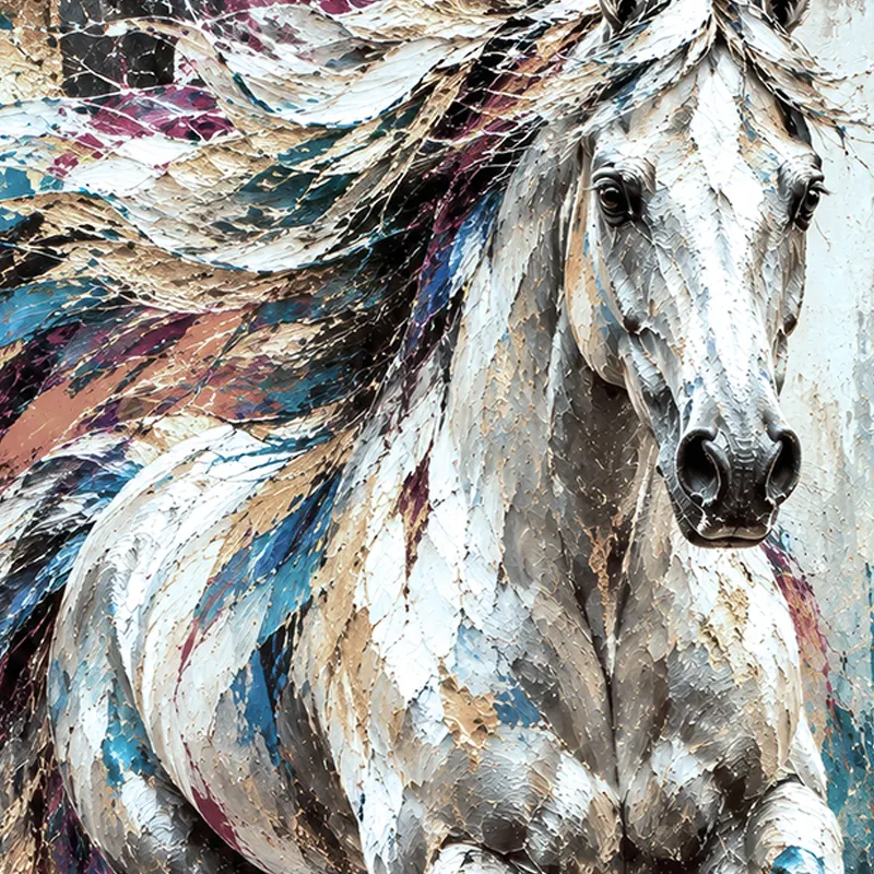 Gros plan Tableau cheval blanc contemporain coloré Wild Velocity
