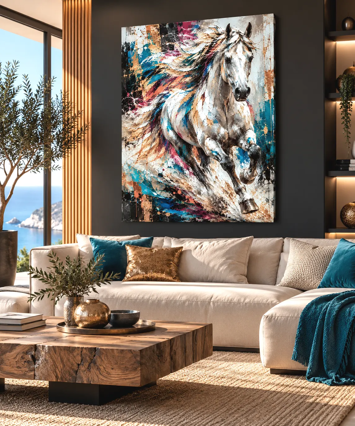 Tableau cheval blanc Wild Velocity dans un salon contemporain