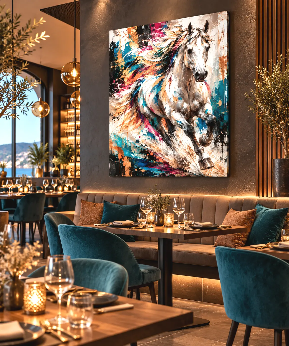 Tableau cheval Wild Velocity dans un restaurant contemporain élégant