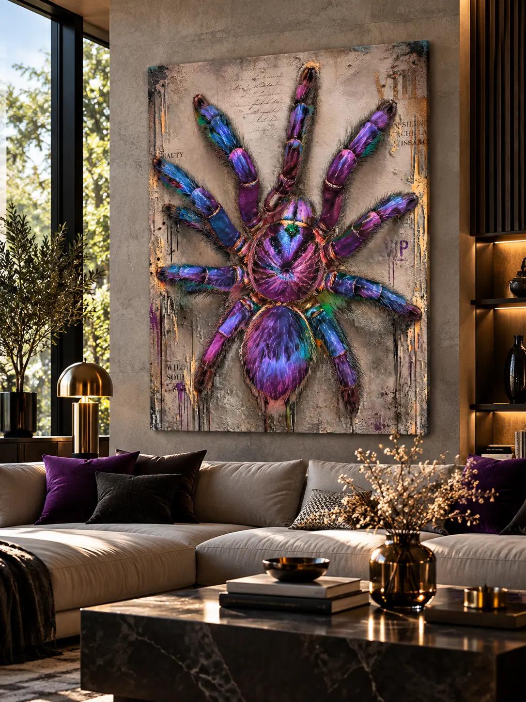 Tableau araignée Violet Venom dans un salon contemporain design
