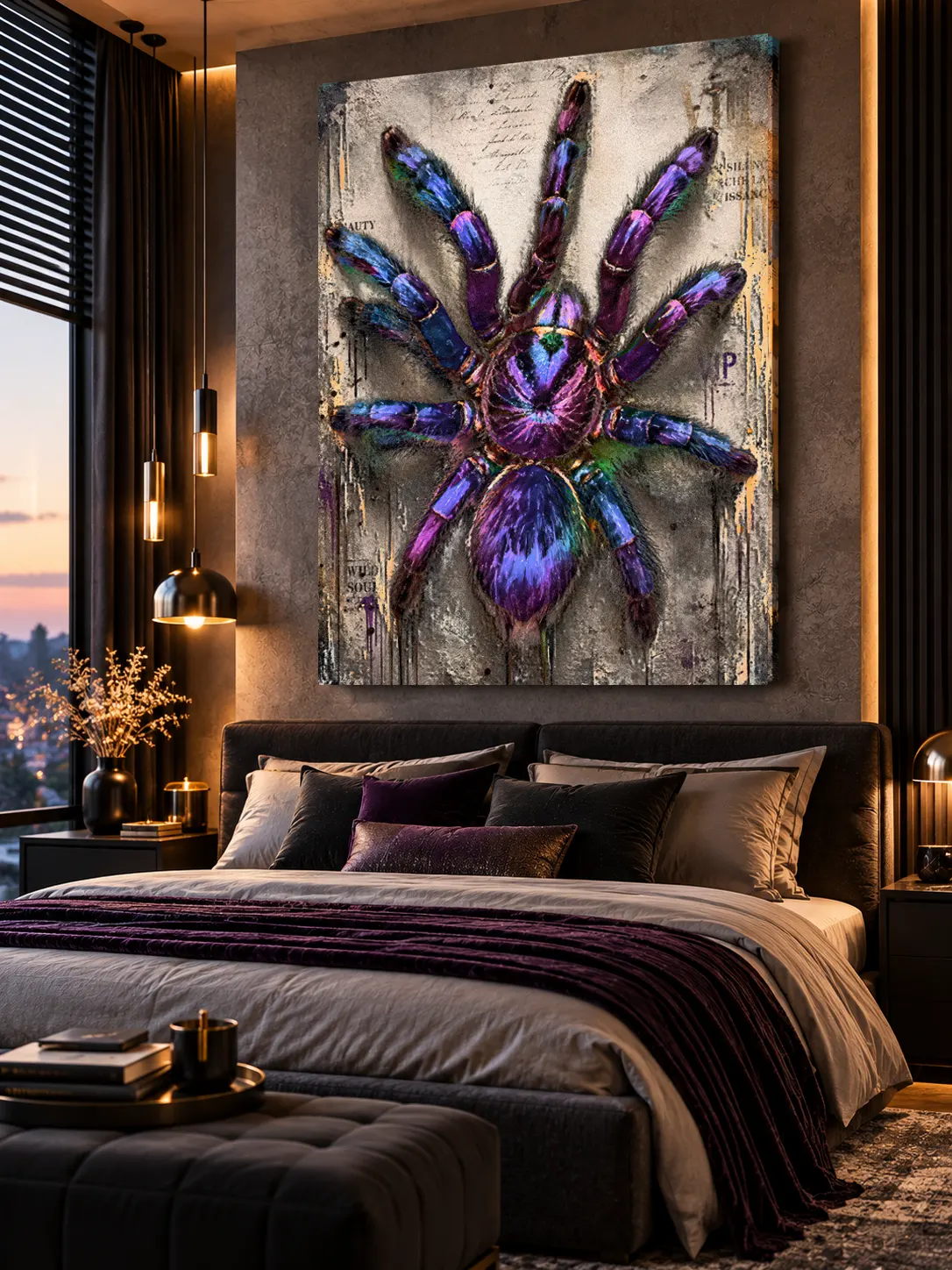 Tableau mygale Pop Art Violet Venom dans un intérieur moderne