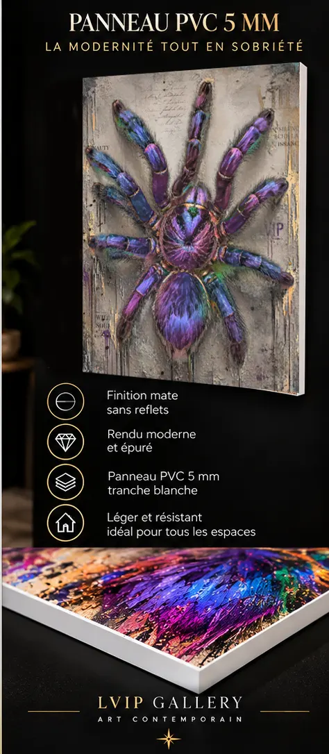 Tableau araignée Violet Venom sur panneau PVC 5 mm finition mate tranche blanche