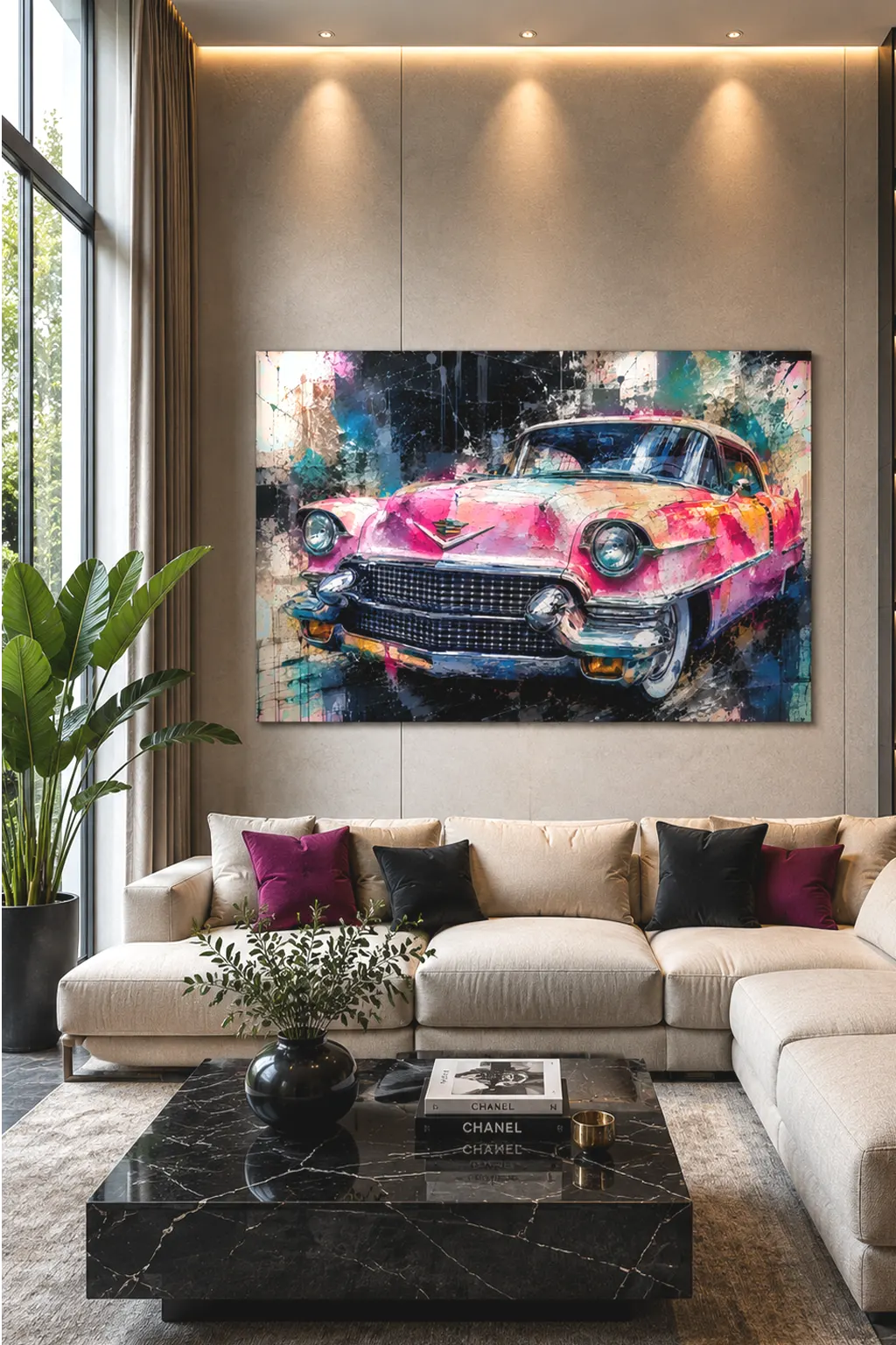 Tableau Cadillac rose dans une chambre contemporaine – décoration murale LVIP