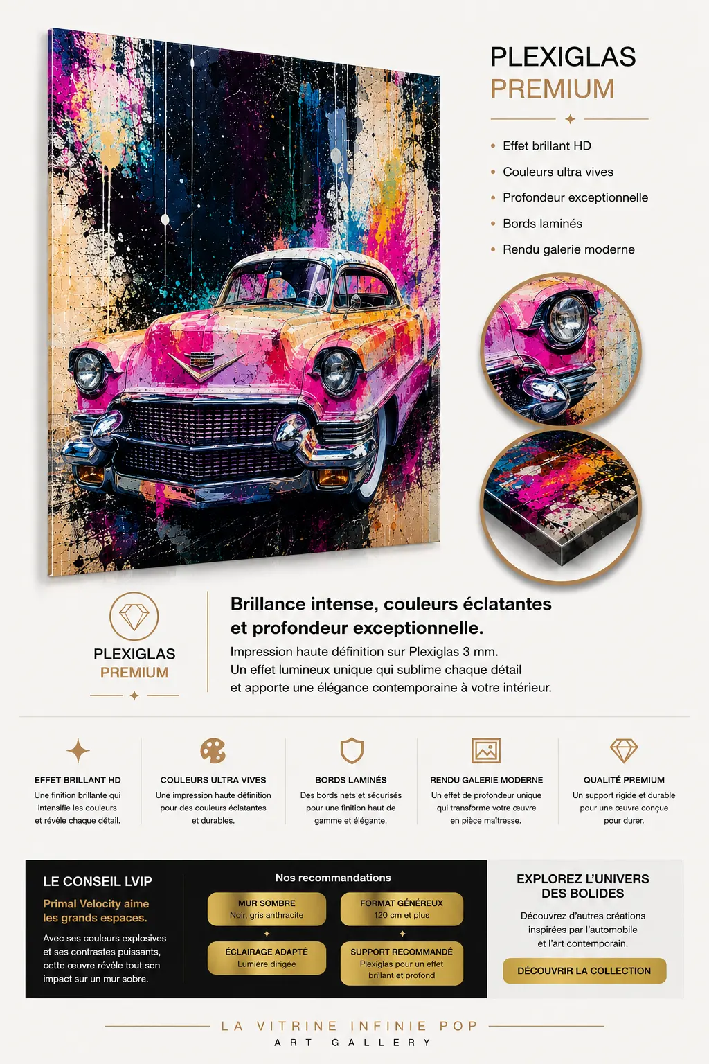 Tableau Cadillac rose – présentation support premium LVIP sur plexiglas 
