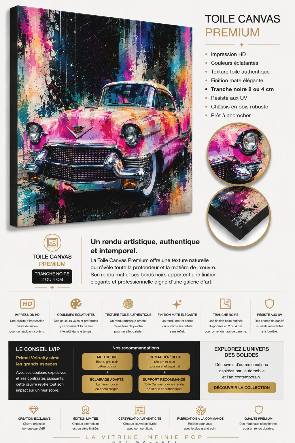 Tableau Cadillac rose – présentation support premium LVIP toile hd