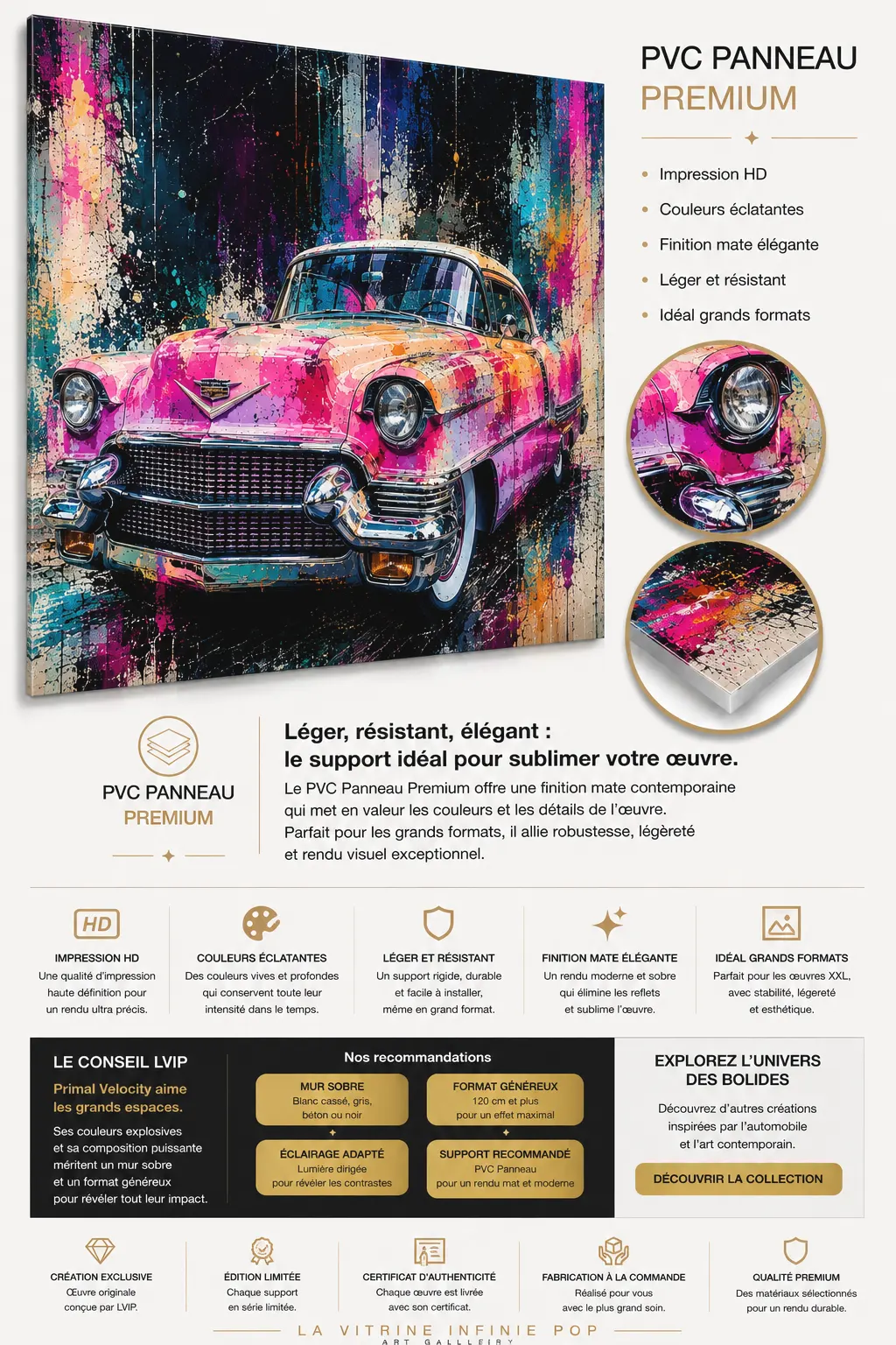 Tableau Cadillac rose – présentation support premium LVIP impression panneau