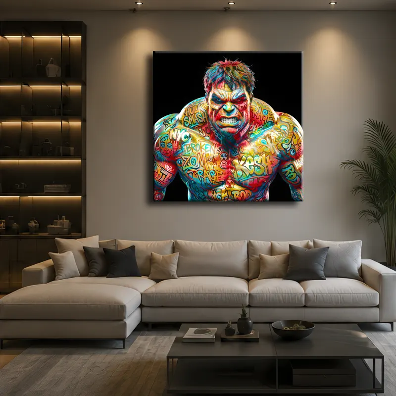 Tableau Hulk Pop Art dans un salon contemporain haut de gamme