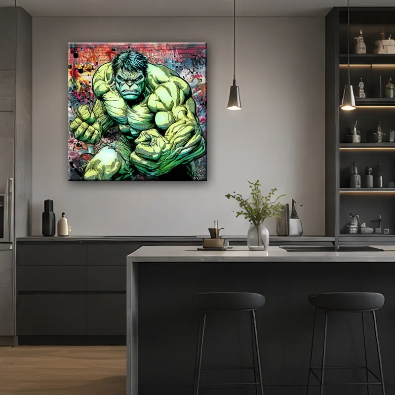 Tableau Hulk Pop Art dans un salon contemporain haut de gamme