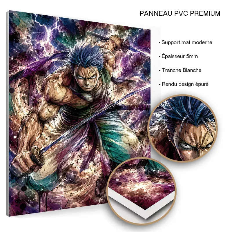 tableau-zoro-one-piece-pop-art-pvc Zoro One Piece Pop Art duo manga sur panneau PVC premium finition mate.