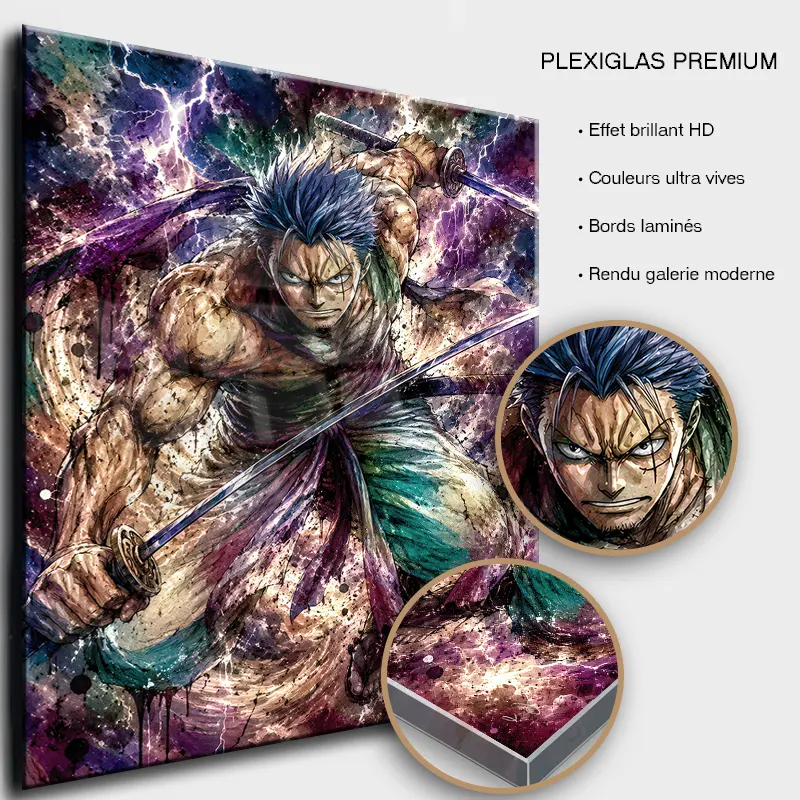 tableau-zoro-one-piece-pop-art- One Piece Pop Art duo manga sur plexiglas premium finition brillante.