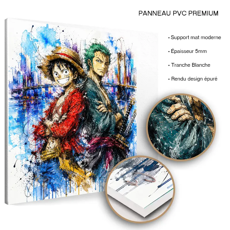 TableaTableau Luffy et Zoro One Piece Pop Art duo manga sur panneau PVC premium finition mate.