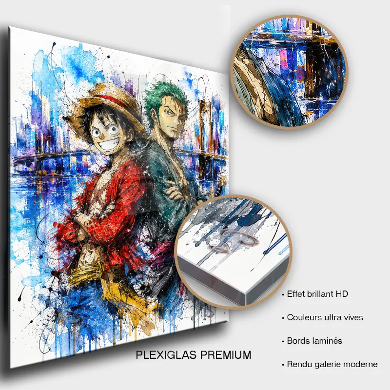 Tableau Tableau Luffy et Zoro One Piece Pop Art duo manga sur plexiglas premium finition brillante.