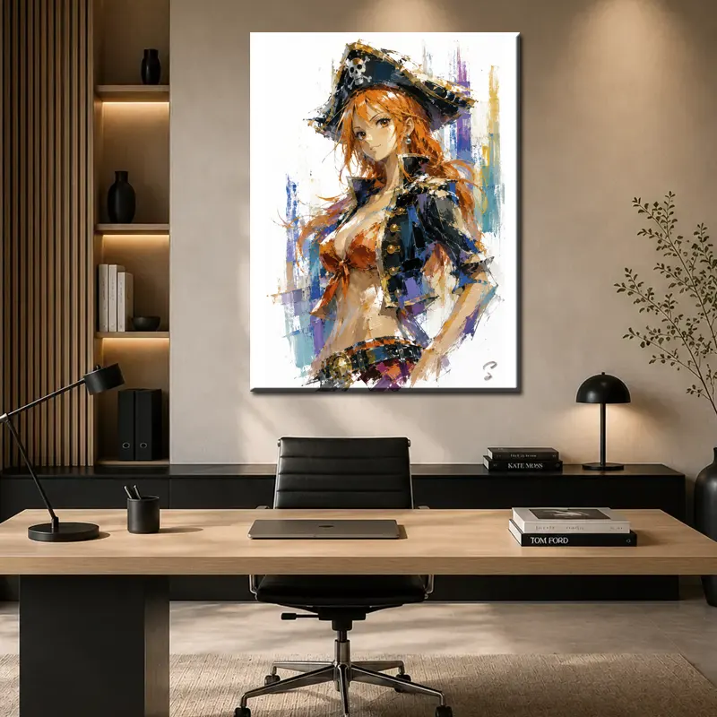 tableau-nami-pirate-premium-one-piece-pop-artPop Art Premium au-dessus d'un lit dans une chambre parentale moderne