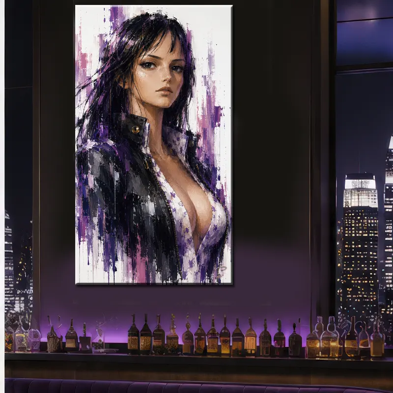 Tableau Nico Robin Pop Art Premium au-dessus d'un lit dans une chambre parentale moderne